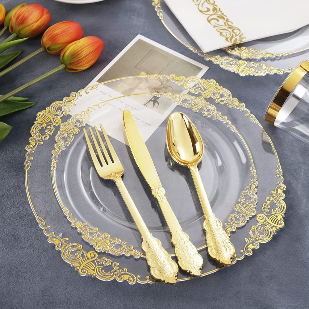 25PCS Plastic Plates Gold Disposable Dinner Plates Dessert Plates Dinnerware Kit For Wedding Party Thanksgiving