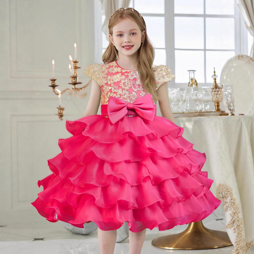 Girls' Puffy Organza Dress with Bow and Embroidery