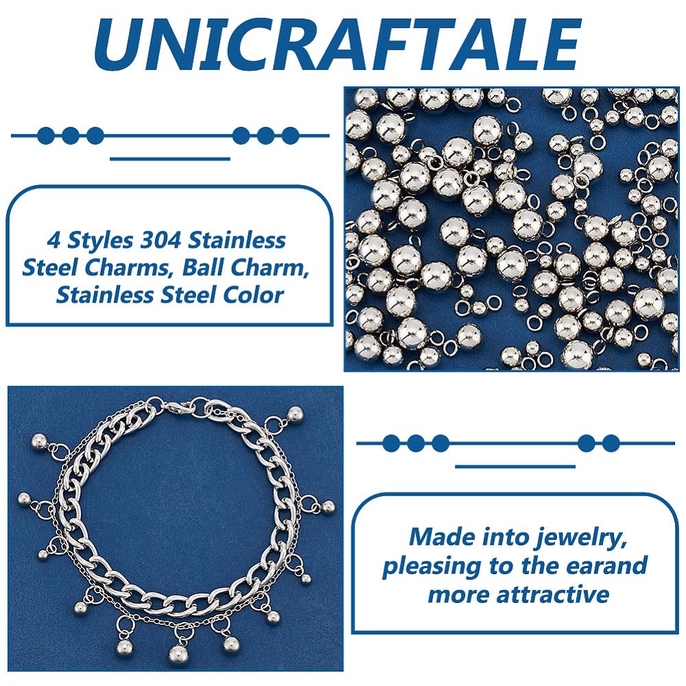 160Pcs 4 Styles 304 Stainless Steel Charms, Ball Charm, Stainless Steel Color, 6~9x3~6mm, Hole: 1.6~1.8mm, 40pcs/style