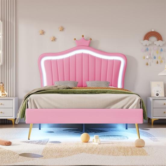Single Bed Crown Shape Children with Headboard LED Light Heavy Princess Duty Strong Carrying Capacity Girl Bedroom Furniture Upholstered