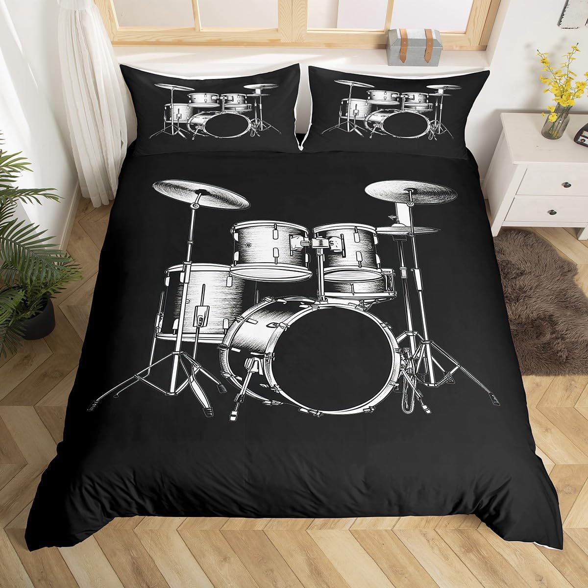 

Drum Kit Duvet Cover Queen Watercolor Drums Bedding Set Rock Music Comforter Cover Bedroom Decor Musical Pattern Quilt Cover EU Single(135x200cm)