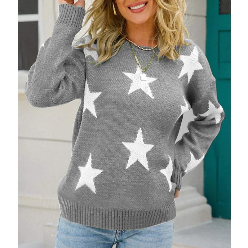 Dunhuang Women's Knit Sweater - Star Pattern, Round Neck, Long Sleeve, Casual Loose Fit.