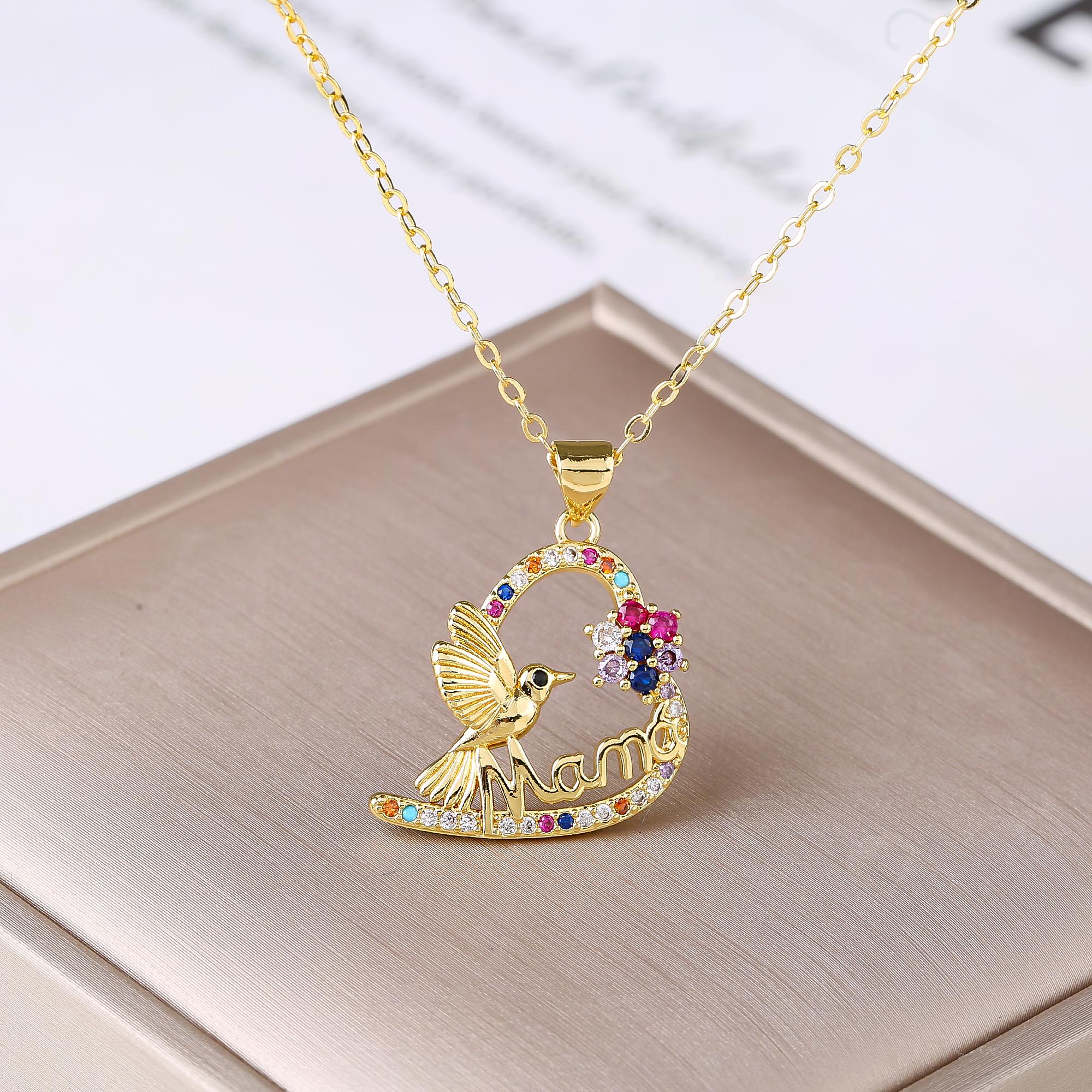 

Gold-Plated Colored Zircon Heart Shape MAMA Pendant Necklace Fashion for Women Mom Party Birthday Zircon Mother s Day Gift