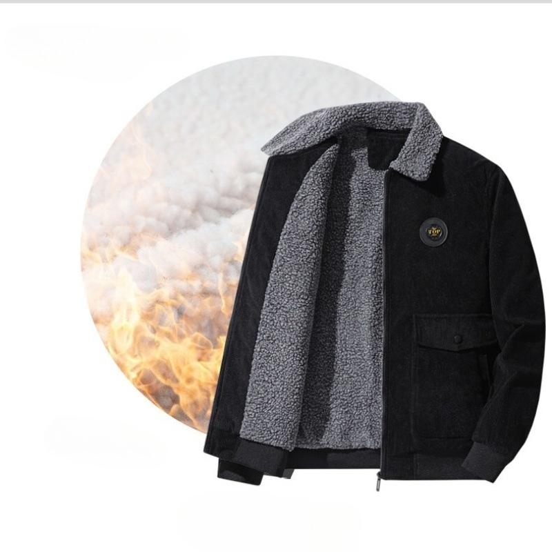 Autumn/Winter Men's Corduroy Lambskin Jacket, Loose, Thickened, Casual Lapel Men's Coat