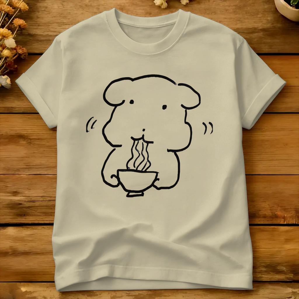 Chubby Dog Eating Noodles Funny Ganadi Tshirt Summer Ganadi 100 Cotton T Shirts For Unisex Tee Shirt Short Sleeves Awesome Tops