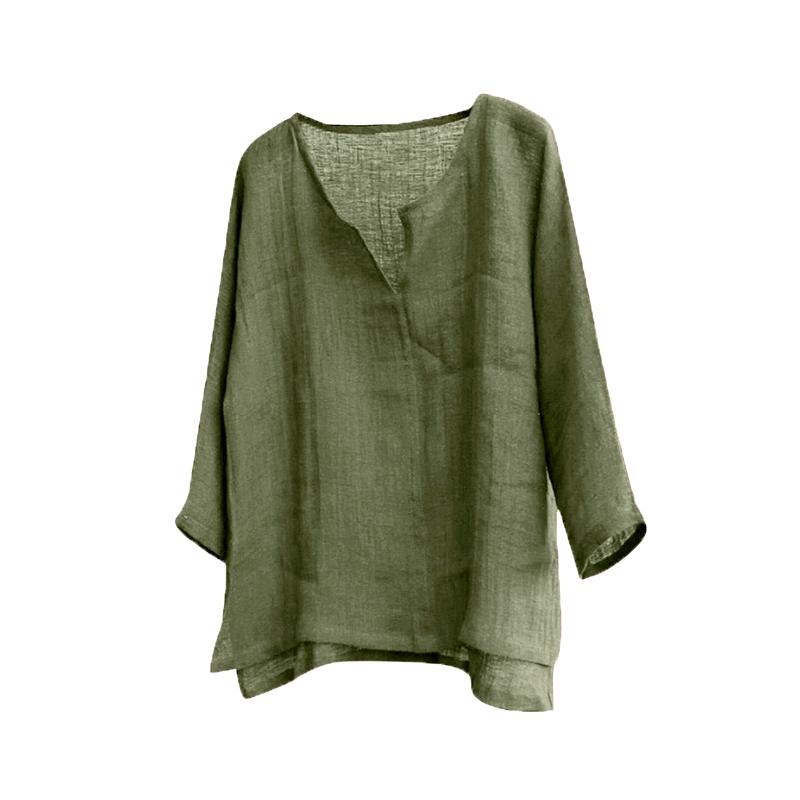 

1 шт. однотонная летняя хлопково-льняная свободная футболка с V-образным вырезом, повседневный топ-блузка с длинным рукавом 5XL армия зеленый