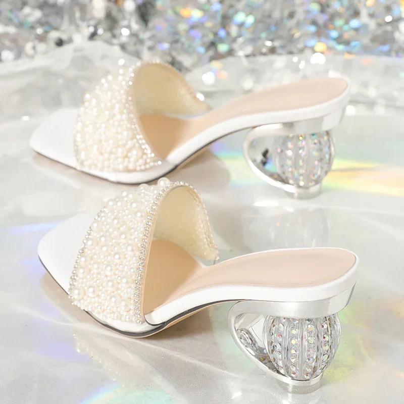 Fashion Women's Summer Slippers White Pearl Design Transparent Strange Thick Heels Gladiator Beach Sandals for Women Slides Girl Sandal
