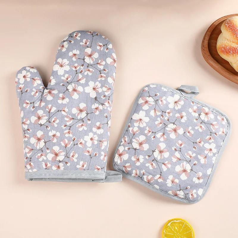 

2 шт. Набор длинных хлопковых перчаток для микроволновой печи, гладильный коврик, романтический цветущий вишневый цвет, изоляция для духовки, термостойкий кухонный инструмент для выпечки