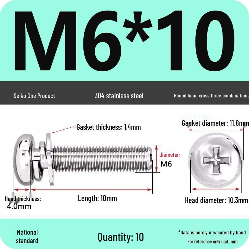 304 Stainless Steel Phillips Round Head Screw with Flat Washer M3/M4/M5/M6