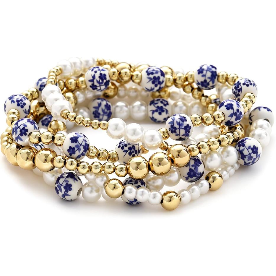 Gold Beaded Bracelets for Women, 14K Real Gold Plated Jewelry for Women Dainty Pearl Bead Bracelets Stack, Non Tarnish Trendy Stackable Ball Cross