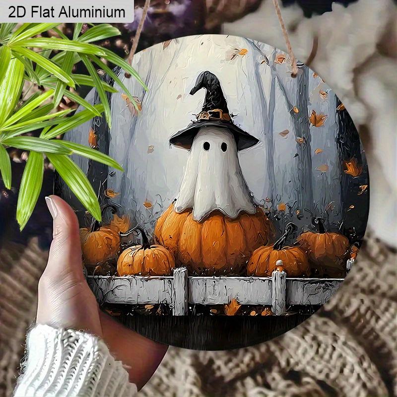 2D Flat Aluminium Oil Painting Style Halloween Sign with Ghosts Pattern - Halloween Figurine Ornaments - Ideal for Front Door, Wall, Porch, Window