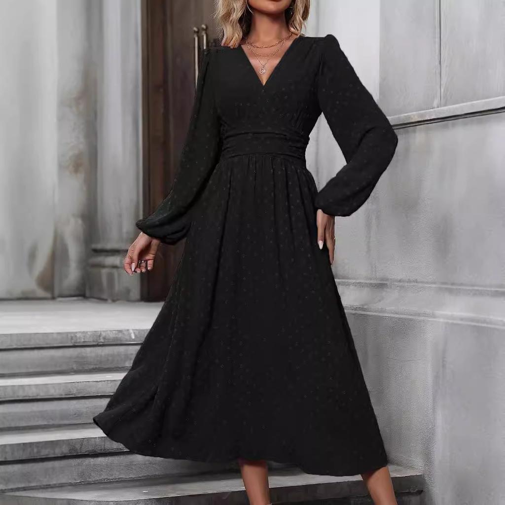 Høst- og vinterdamekjole Medium skrå hals Lanternermer Plissert dekorativ midje Kjoler