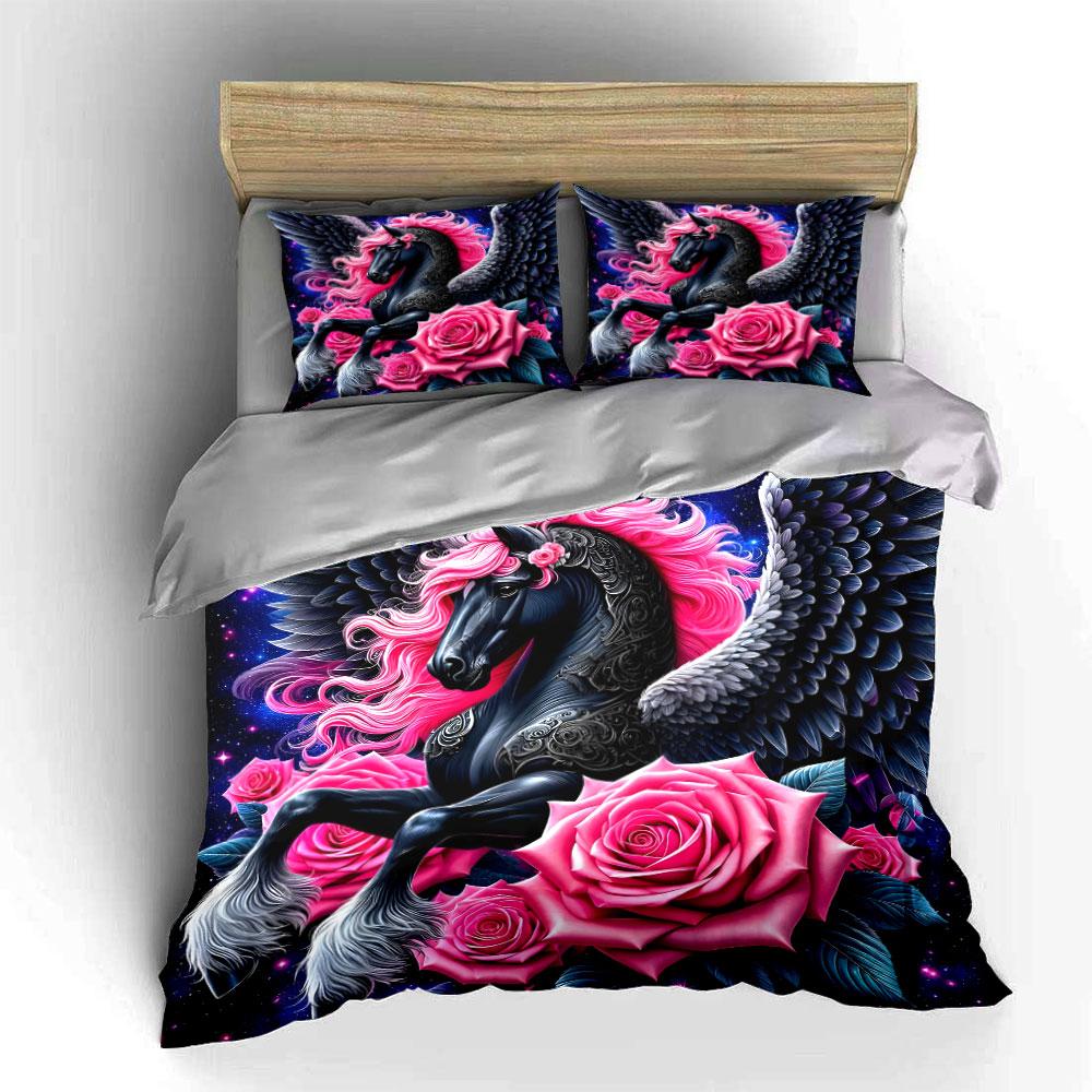"Pink Mane Pegasus with Roses" Bedding Duvet Cover Set  (1*Duvet Cover 2*Pillowcases, without duvet insert)
