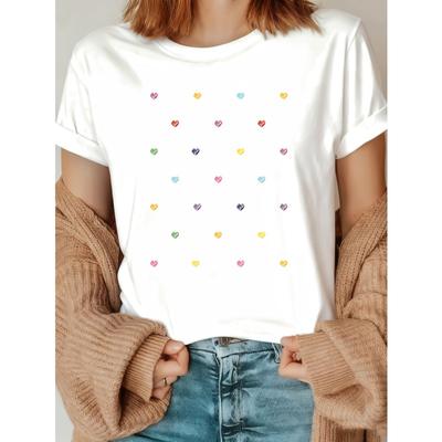 T-shirt da Donna Taglia Europea - Girocollo Manica Corta, Stampa Cuori Colorati, Moda Elegante Sportiva, Abbigliamento per Riunioni di Famiglia/Feste