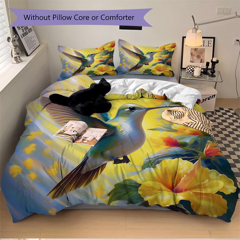 3pcs Yellow Flowers & Hummingbird Pattern Bedding Set, 1* Cover + 2*Pillowcases, Printed Bedding Set, Soft