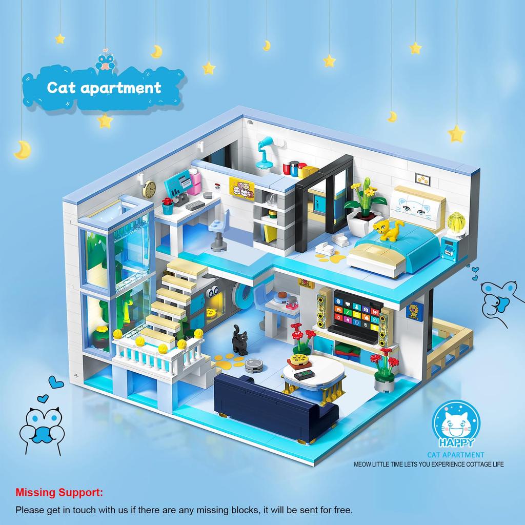 Hallisun Building Blocks Set: Cat Room Model, 3D Puzzle Toy, Miniature House, Mini Size, Brick Blocks, for Adults and Children (8+), Boys and Girls, C
