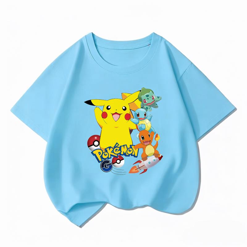 Potdemiel Kids Cotton Tshirt Cute Pikachu Cartoon Print Summer Short Sleeve Boys Girls Casual Crew Neck Tops
