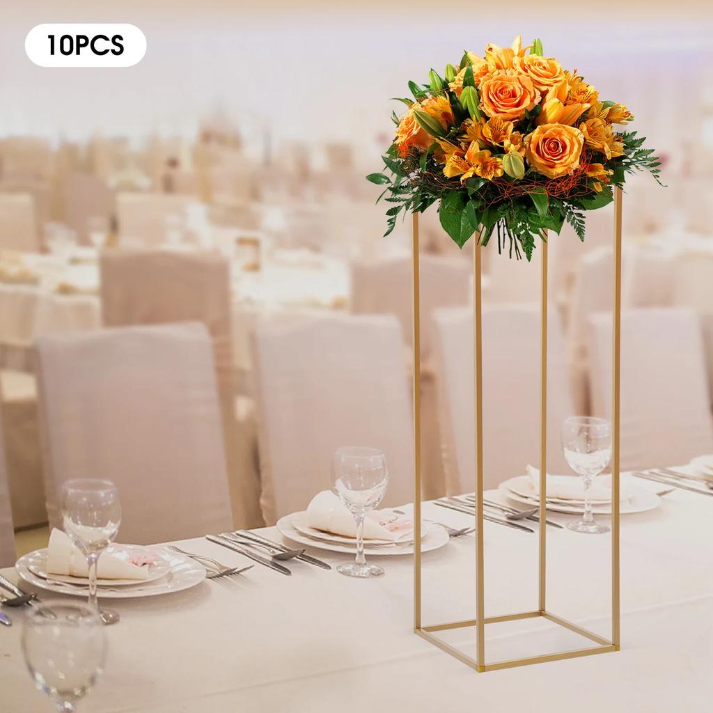 10Pcs Geometric Metal Flower Stands, 80cm Tall Gold Flower Stand Road Lead Metal Floor Vase Column, Centerpiece Rectangular