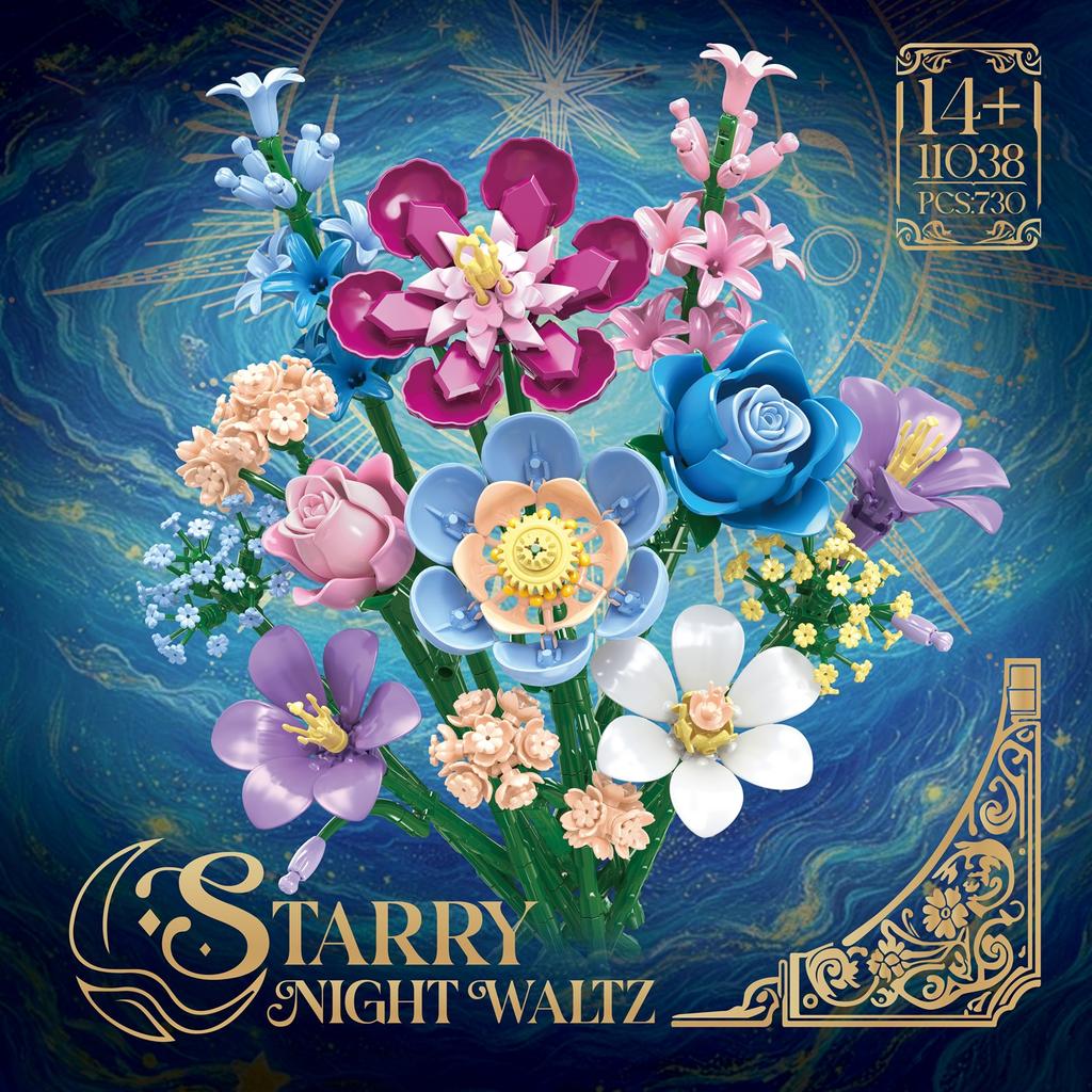 730Pcs Starry Night Waltz Series Building Blocks Bouquet Preserved Flowers Valentine'S/Mother'S Day Gift For Her, Kid Adults Toy