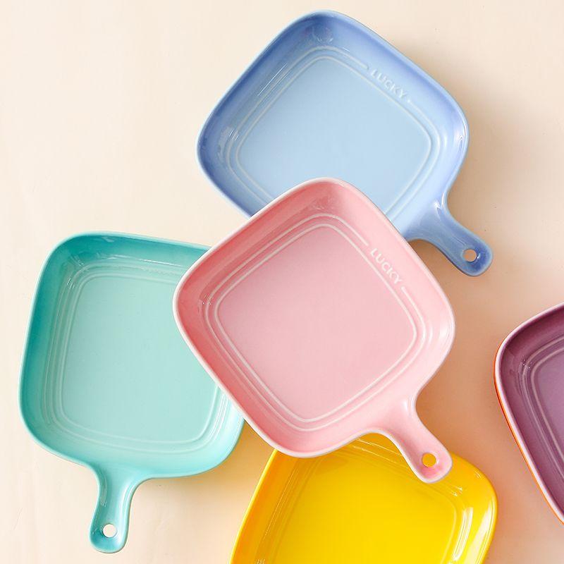 French Gradual Change Rainbow Ceramic Breakfast Handle Plate Creative Colorful Dessert Inventory Heart  Home Baking Oven Plate