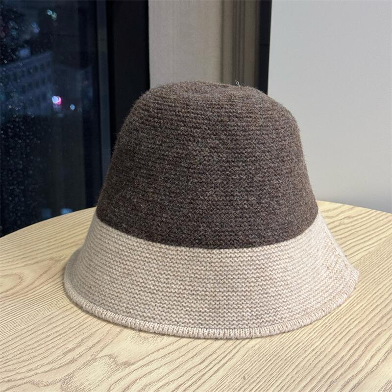 Outdoor Eaves Knitted Strap Versatile Bucket Hat Casual Color Matching Autumn and Winter Windproof Warm Face Small Wool Basin Hat