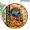 2D Flat, 1pc Round Aluminum Hanging Sign, Fall Football Welcome Blue Helmet Pumpkin Maple Leaf Metal Wall Decor, Rustic Farmhouse Autumn Sports Front