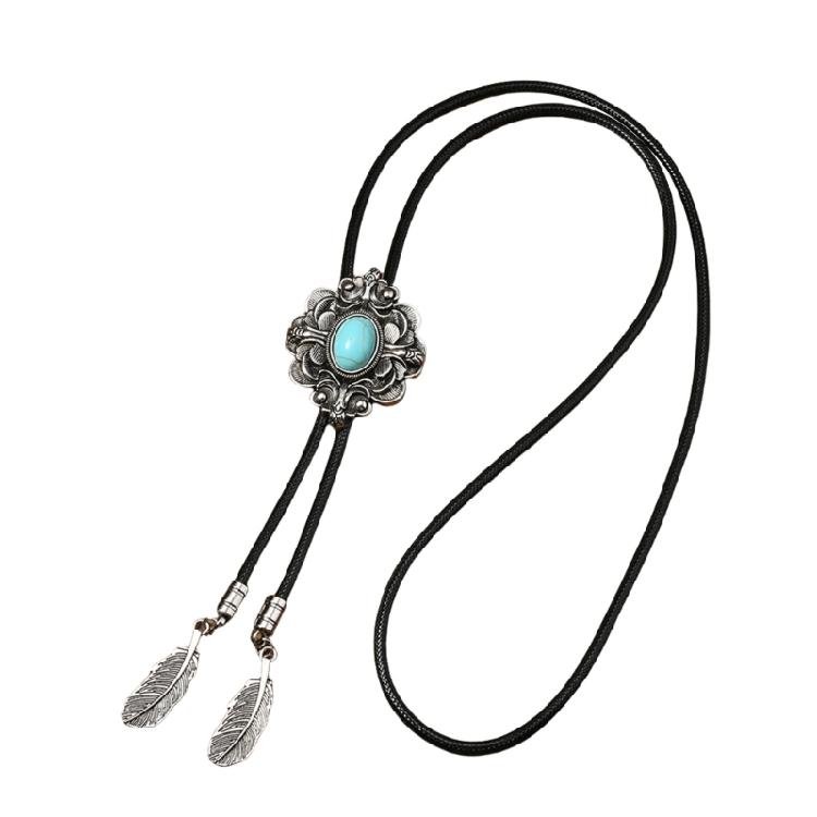 Men Women Western Cowboy Bolo Tie Vintage Floral Stone Pendant Jewelry Leather Rope Necktie Tie Metal Feathered Necklace