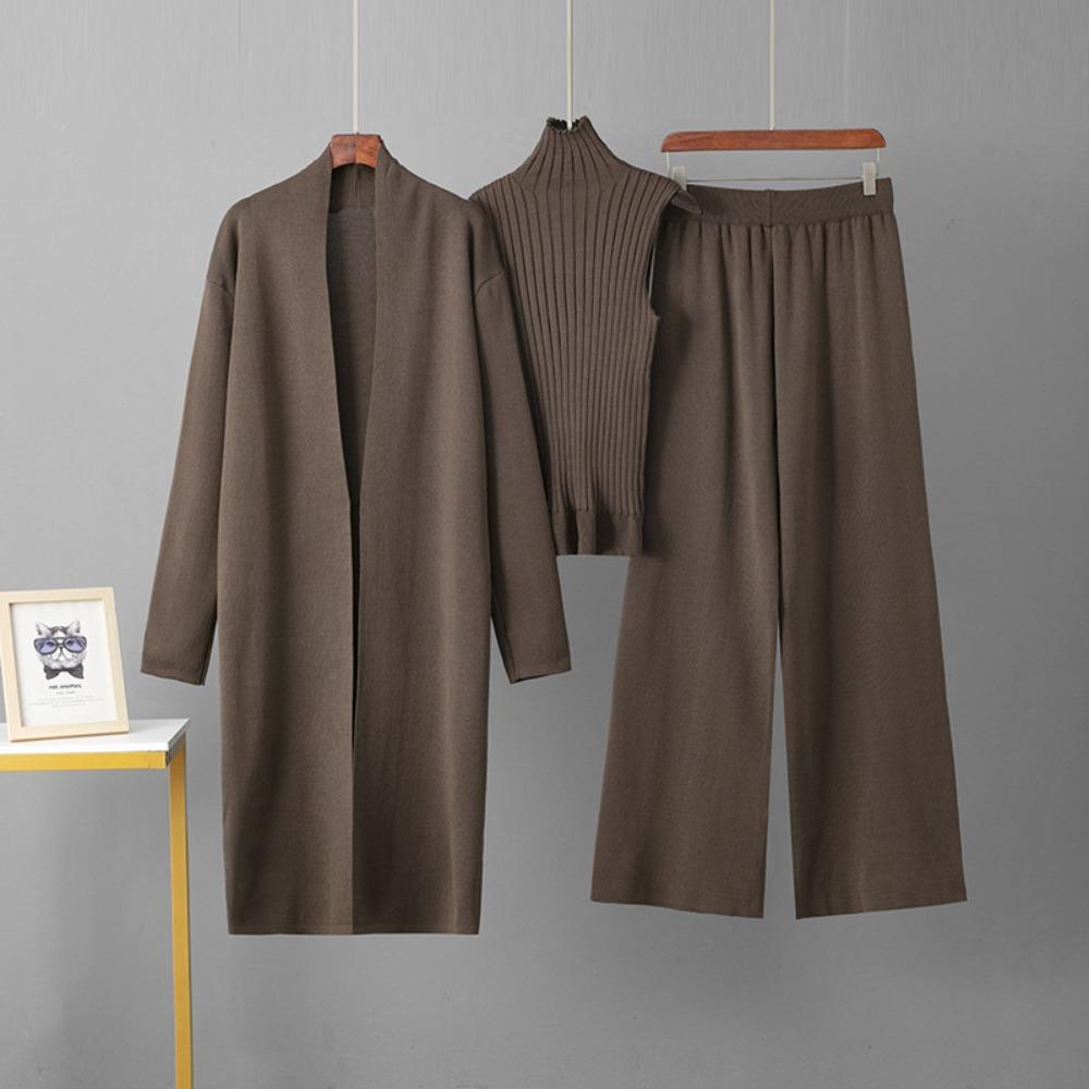 Completo Casual Monocolore alla Moda da Donna Giacca a Sciarpa Cardigan + Gilet Senza Maniche Maglia Base + Pantaloni a Gamba Larga Completo Tre Pezzi