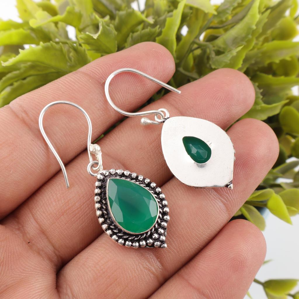Green Onyx Earrings, Handmade Gemstone Jewelry, 925 Sterling Silver Earrings, Gift For Mom Dainty Earrings For Engagement Gift