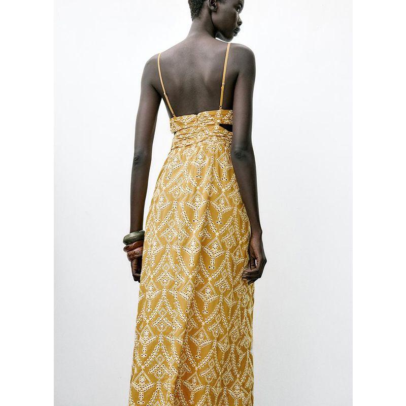 Summer New Women clothes Pleat Decoration V-neck Embroidery Fashion Print Sleeveless Midi Dress 8351028