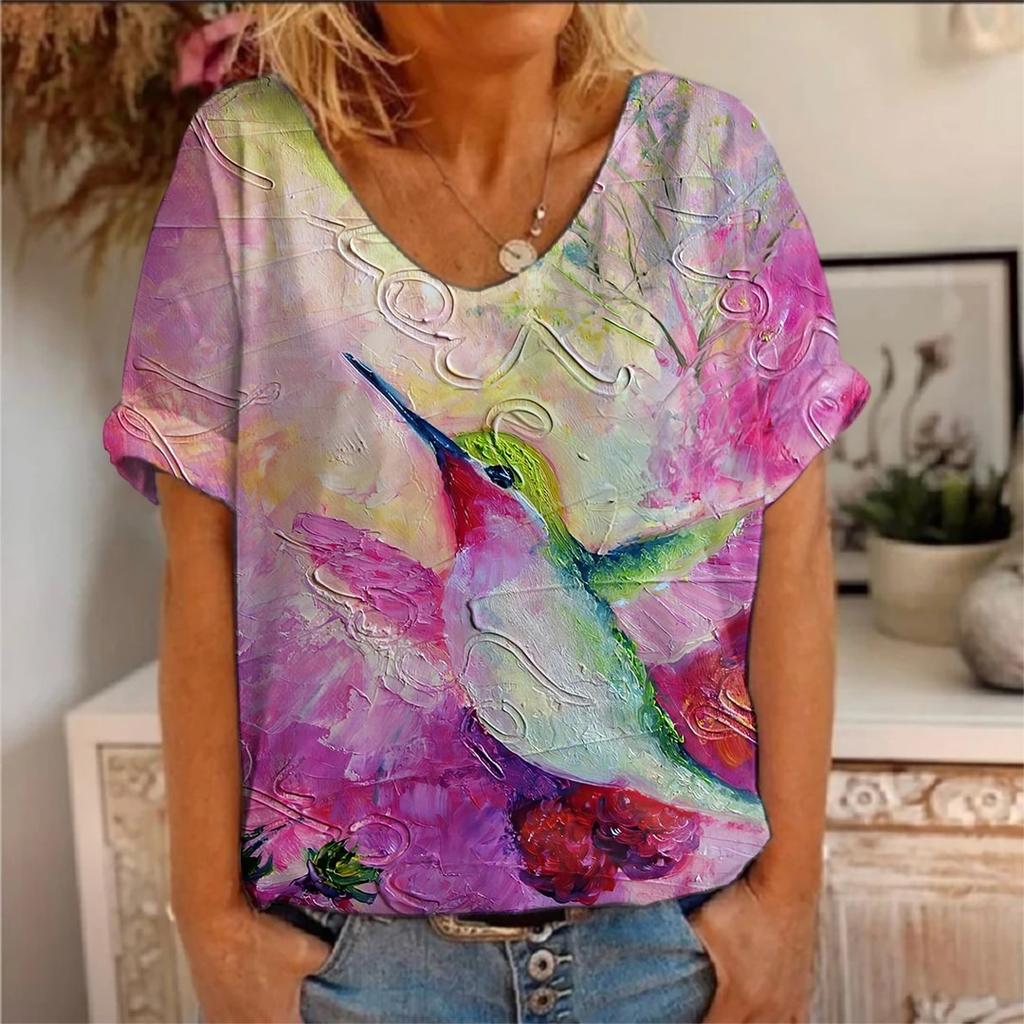 New animal bird 3d printing hummingbird t-shirt women's short-sleeved V-neck T-shirt women's clothing