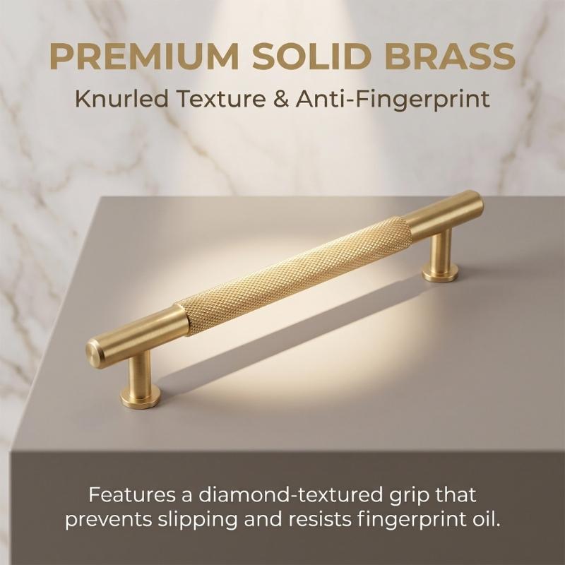 Ribbed Grip Cabinet Pull Handle, Brushed Gold Bar Hardware for Drawer Fronts, Bedside Storage and Cabinet Face