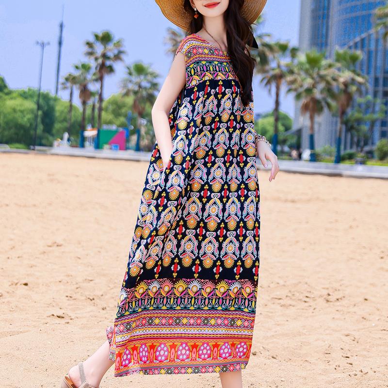 Casual Beach Dresses for Woman Plus Size Loose Vintage Print Long Sleeveless Dress Summer Women's Clothing