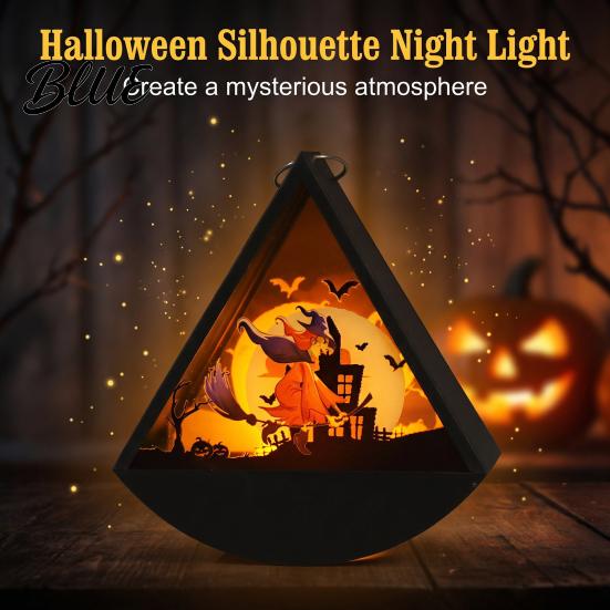 Decorative Lights for Home Halloween Triangle LED Lantern Tumbler Shape Night Light with Witch Ghost Glass Silhouette Shadow Box Pumpkin Battery