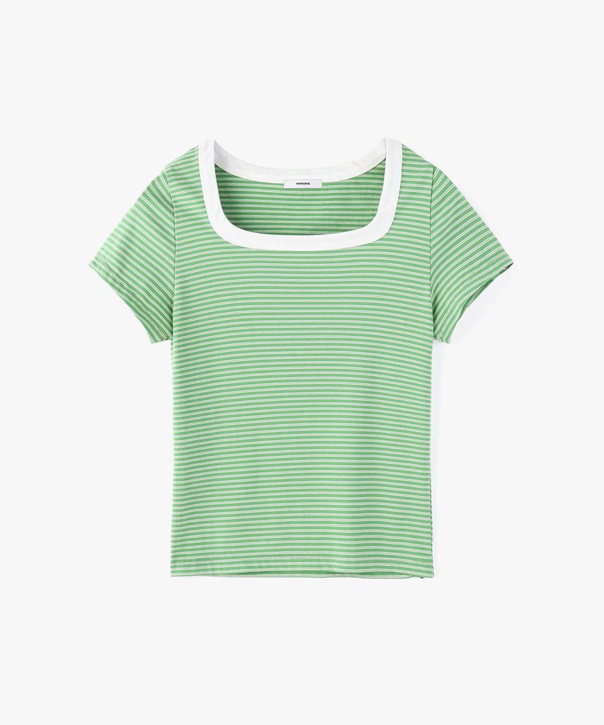 MONGDOL Square Neck Striped Short Sleeve T-Shirt Green Mdts098Green