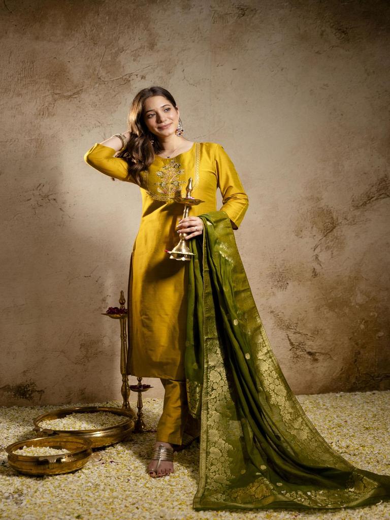 Women Mustard Kurta Set with Banarasi Dupatta Embroidered Ethnic Festive Wear