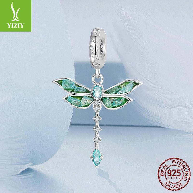 Vintage Green Dragonfly Diy Pendant Accessories, Glamour Lucky S925 Sterling Silver Insect Beaded