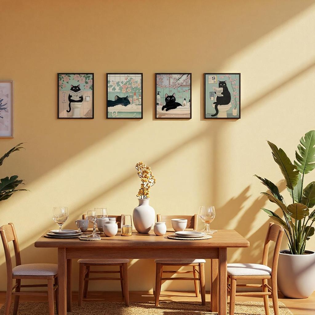 DOFQZ Funny Black Cat Bathroom Wall Art Prints Set of 4, Cat Bathroom Decor, Retro Japanese Black Kitten Floral Aesthetic Posters for Bath Room