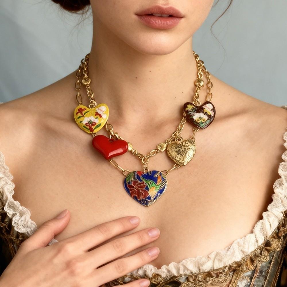 Unique Multi-Layer Enamel Necklace Drip Oil Gold Heart and Butterfly Pendant Vintage Retro Bohemian Collarbone Chain Gift