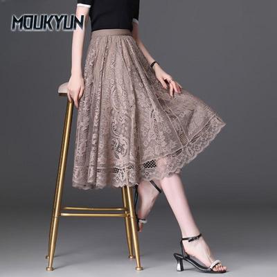 Damen Kurzer Rock Büro Casual Rock Spitzrock A-Linie Langes Kleid Saum Gaze Aushöhlen Plissierter Rock