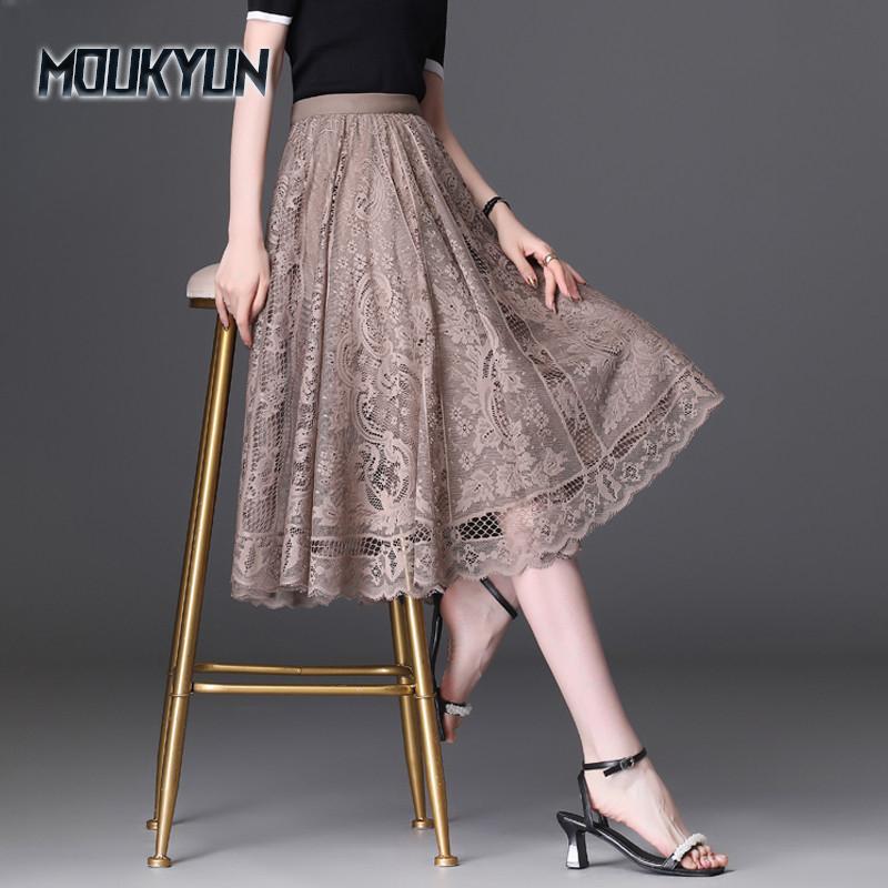 Women's Short Skirt Office Casual Skirt Lace Skirt A-Line Long Dress Hem Gauze Hollow Pleated Skirts
