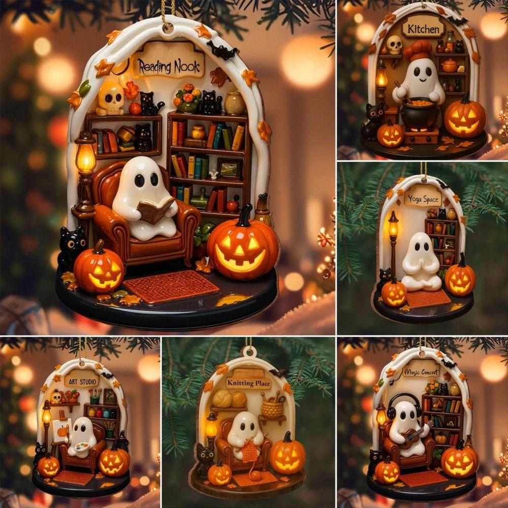 Flat Halloween Spooky Decorations Reading Ghost Acrylic Pendant Cute Halloween Hanging  Home Decor