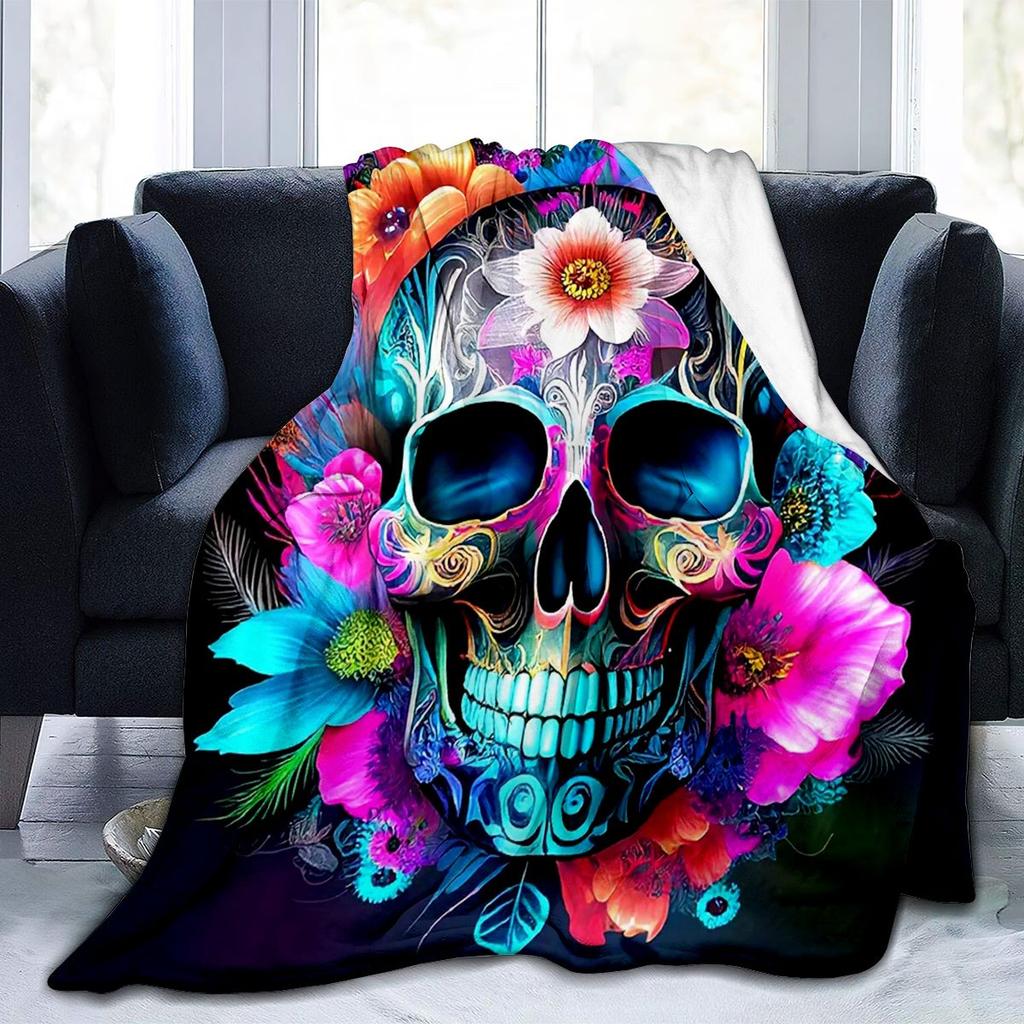 1pc Cozy Skull Print Flannel Throw Blanket - Contemporary Digital Print Soft and Warm All-Season Knitted Polyester Blanke