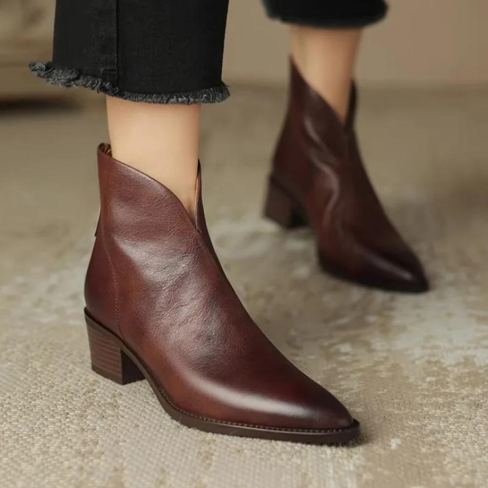 Fashion Pointed Brown Retro Ankle Boots Women's Autumn Winter British Style V-neck Short Boots Woman's Medium Heel Leather Shoes Zapatos