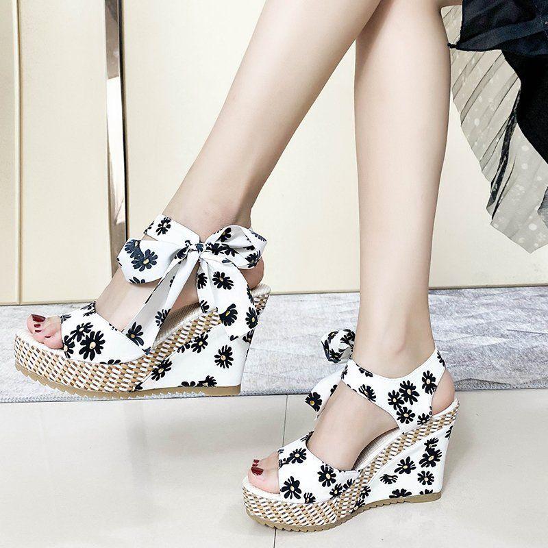 Sandals for Women Strappy Print Wedges Heel Bow Woman Shoes 2025 Luxury High Quality Anti Slip Hot Trending Comfort Vintage Pvc