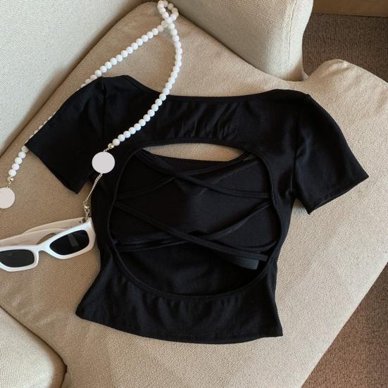 Camiseta de Mujer Cuello Cuadrado Manga Corta Espalda Hueca Camiseta Color Sólido Ajuste Slim Tops Cortos Uso Diario