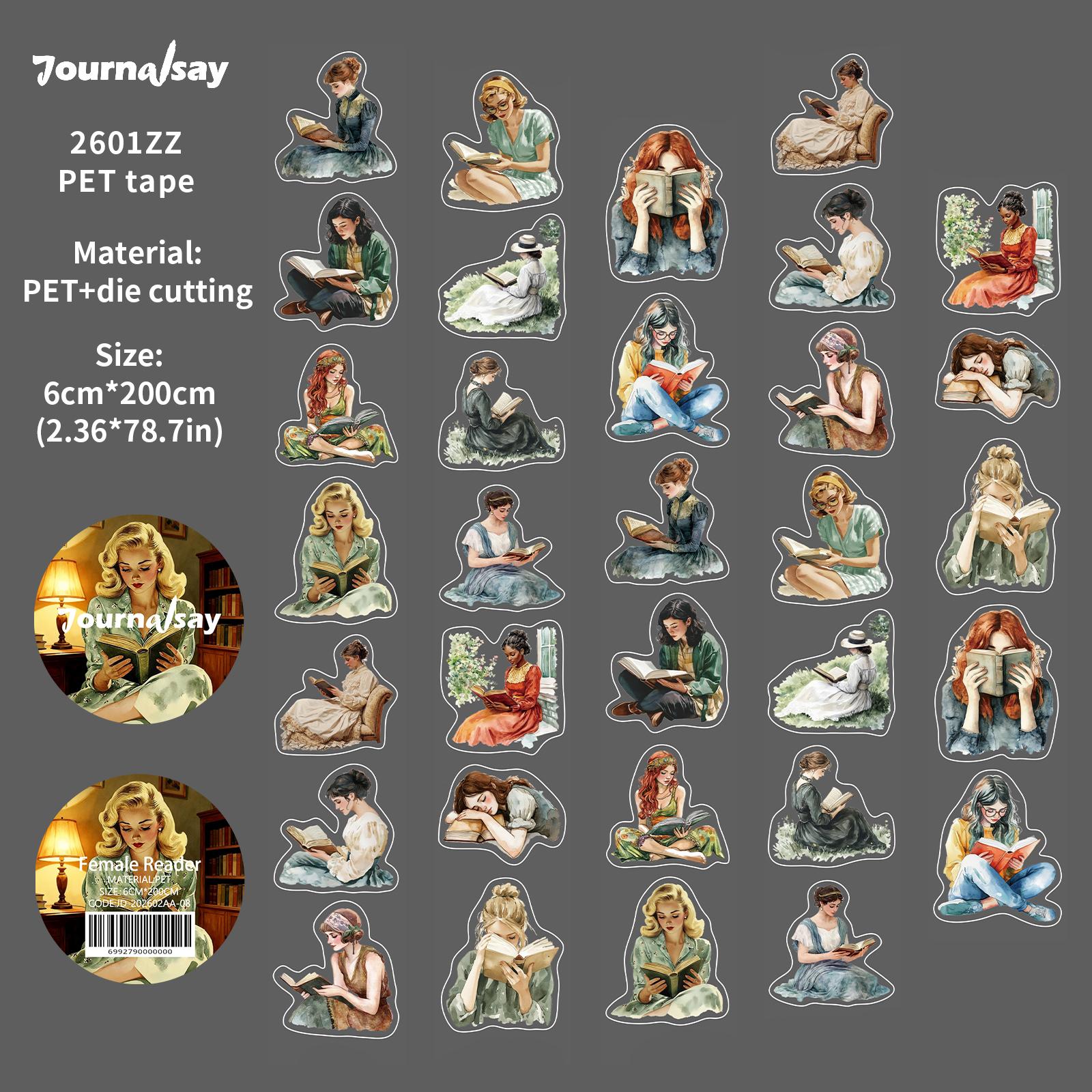 

JIANWU 60mm*200cm Vintage Famale Reader Character Landscape Material Collage Scrapbooking PET Tape Creative Journal Stationery