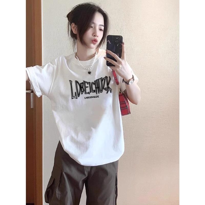 Letter printing heavy cotton short-sleeved t-shirt women's new American retro trendy brand design niche top