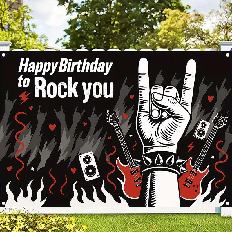 Sfondo Happy Birthday Punk Rock 2D Chitarra Rossa & Segno della Mano Striscione per Festa