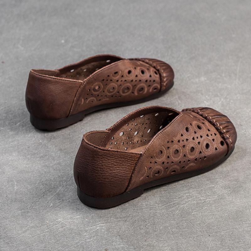 Johnature Retro-Echtleder, ausgehöhlt, atmungsaktiv, flache Schuhe, runde Zehen, lässige Damen-Slip-on-Schuhe